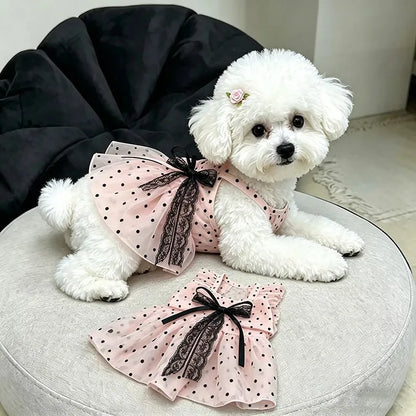 Pink Polka Dot Pet Princess Dress Breathable Sun Protection Sleeveless Tulle Dress with Lace Bow for Small Dogs Cats Pet Clothes