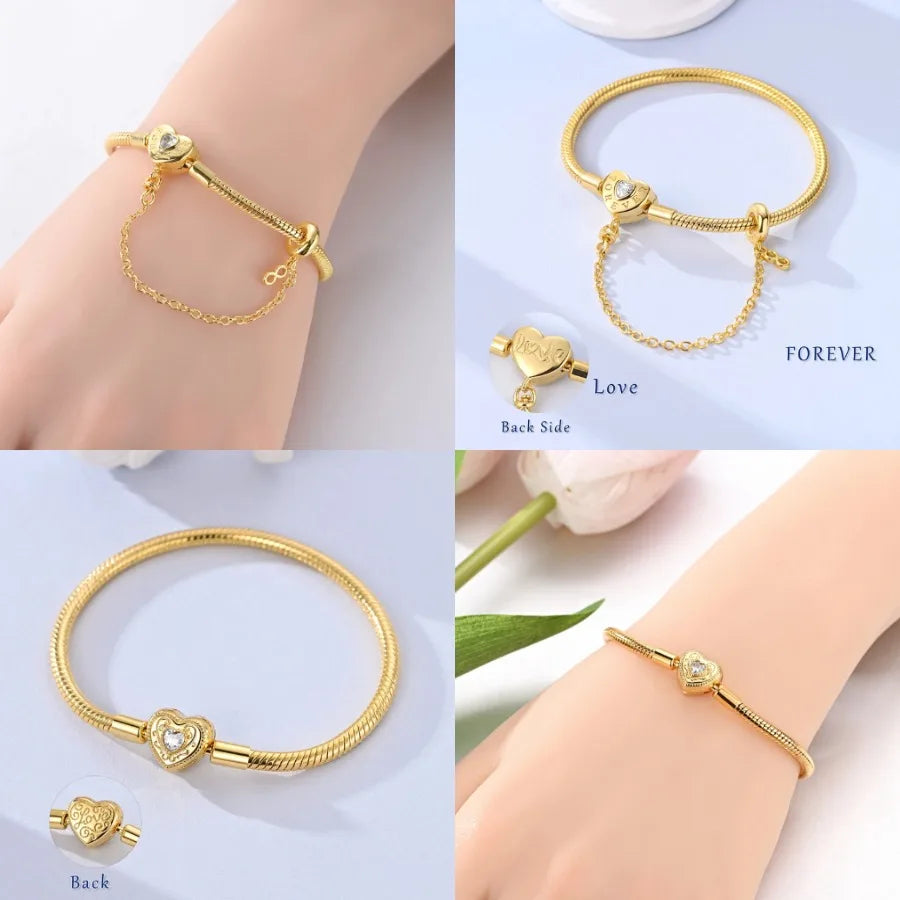 Silver 925 Bracelet Original Bracelets Colorful Zircon Heart Flower Cat Snake Chain For DIY Charms 17-20CM Luxury Jewelry Gifts