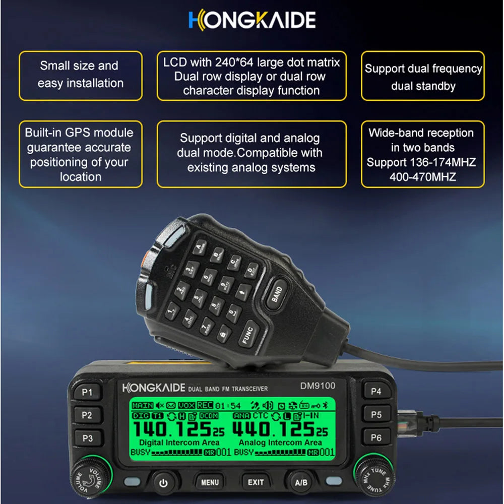 Hongkaide DM9100 DMR Digital Radio with GPS APRS Bluetooth VHF UHF Dual Time Slots 25W High Power Long Range Walkie Talkie
