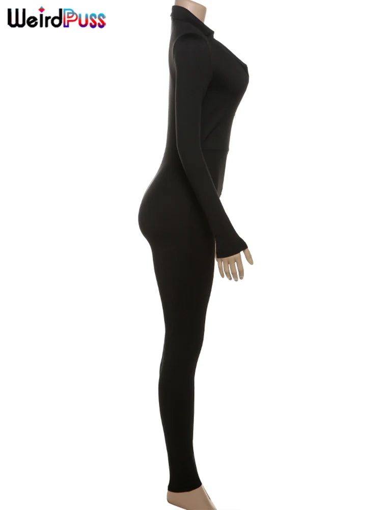 Weird Puss Fitness Jumpsuit Women Zip Skinny Long Full Activity Casual Sporty Solid Street Workout Simple Classic Tight Overalls