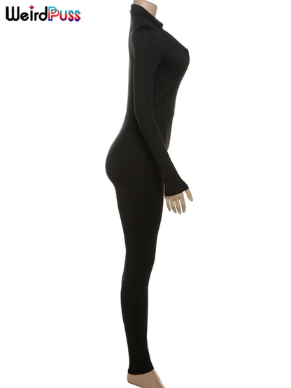 Weird Puss Fitness Jumpsuit Women Zip Skinny Long Full Activity Casual Sporty Solid Street Workout Simple Classic Tight Overalls