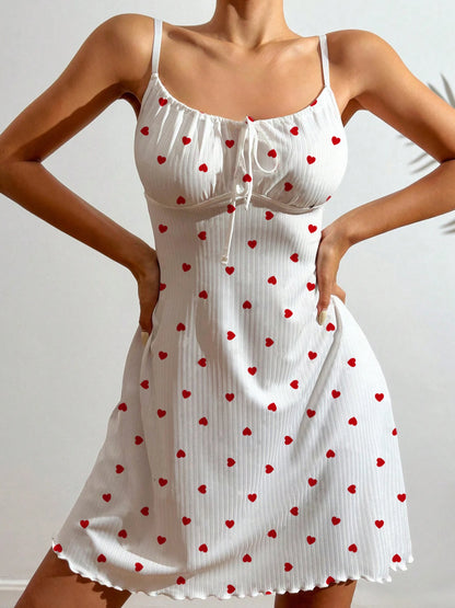 Women's Sleepwear Sexy Nightdress Night Gown Heart Printed Halter Neck Pajama Mini Dress Casual Sleepshirts Nightdress