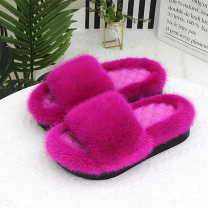 2026 Women Real Mink Fur Slippers Indoor Outdoor Luxury Shoes For Women Comfort Platform Fluffy Slipper Slides For Woman Summer