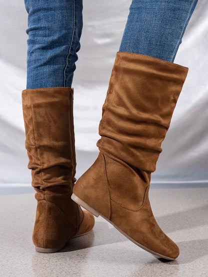 Fashion Faux Suede Mid-calf Boots for Women Plus Size Autumn and Winter New Round Toe Side Zipper Pleated Flat Boots Botas Mujer