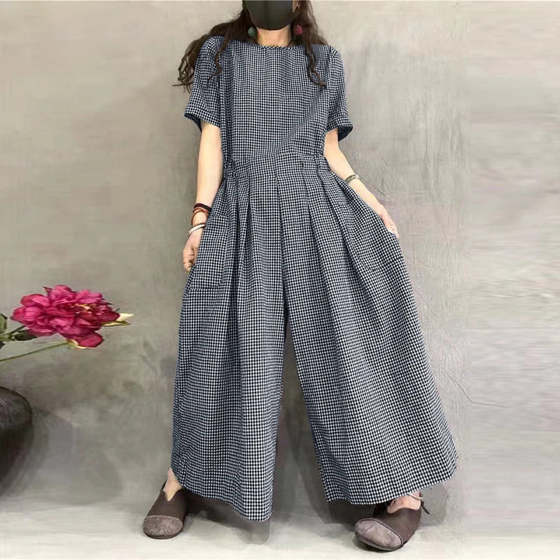 ZANZEA Short Sleeve Checked Wide Leg Overalls Pleated Waist O Neck Loose Casual Gingham Jumpsuits 2024 Fashion Women Long Romper