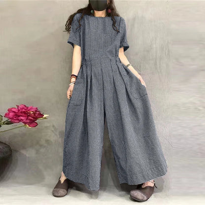 ZANZEA Short Sleeve Checked Wide Leg Overalls Pleated Waist O Neck Loose Casual Gingham Jumpsuits 2024 Fashion Women Long Romper