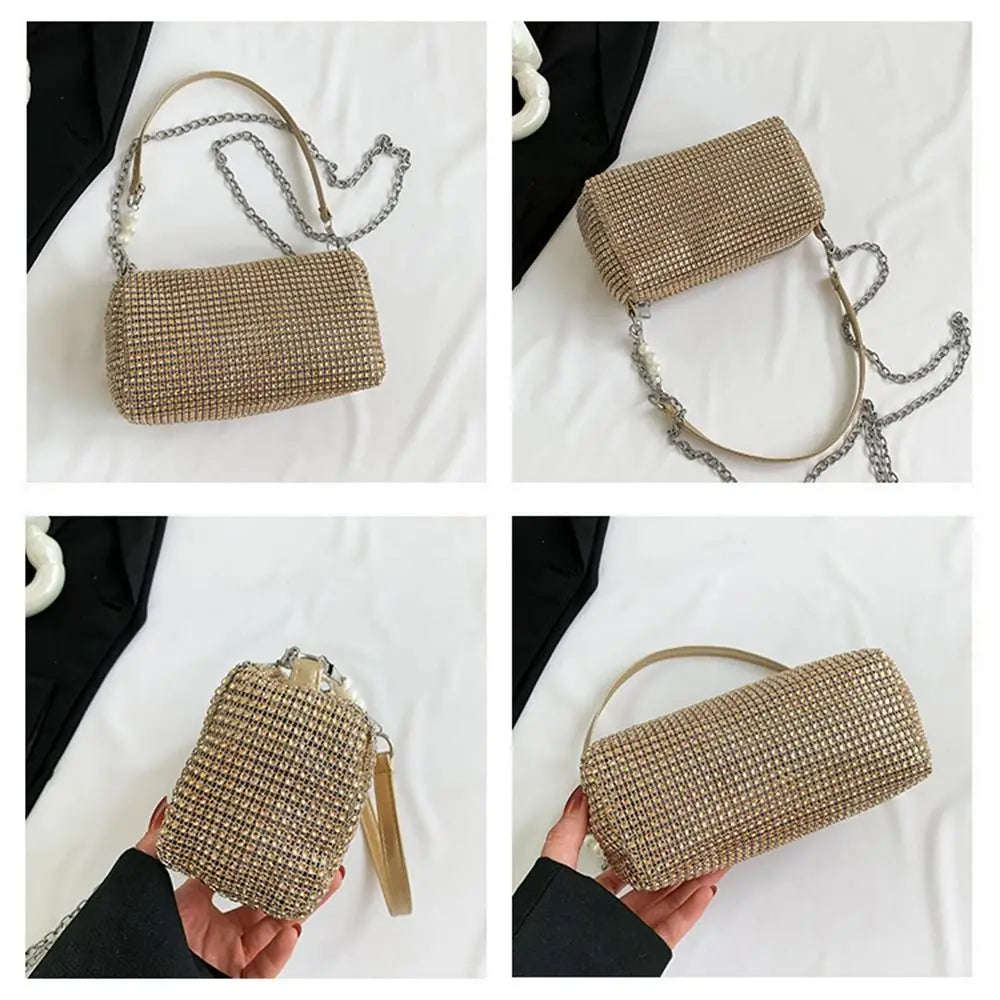 Allover Rhinestone Bucket Bag Waterproof Lightweight Women Crossbody Bag Mini All-match Glitter Chain Prom Purse for Ladies