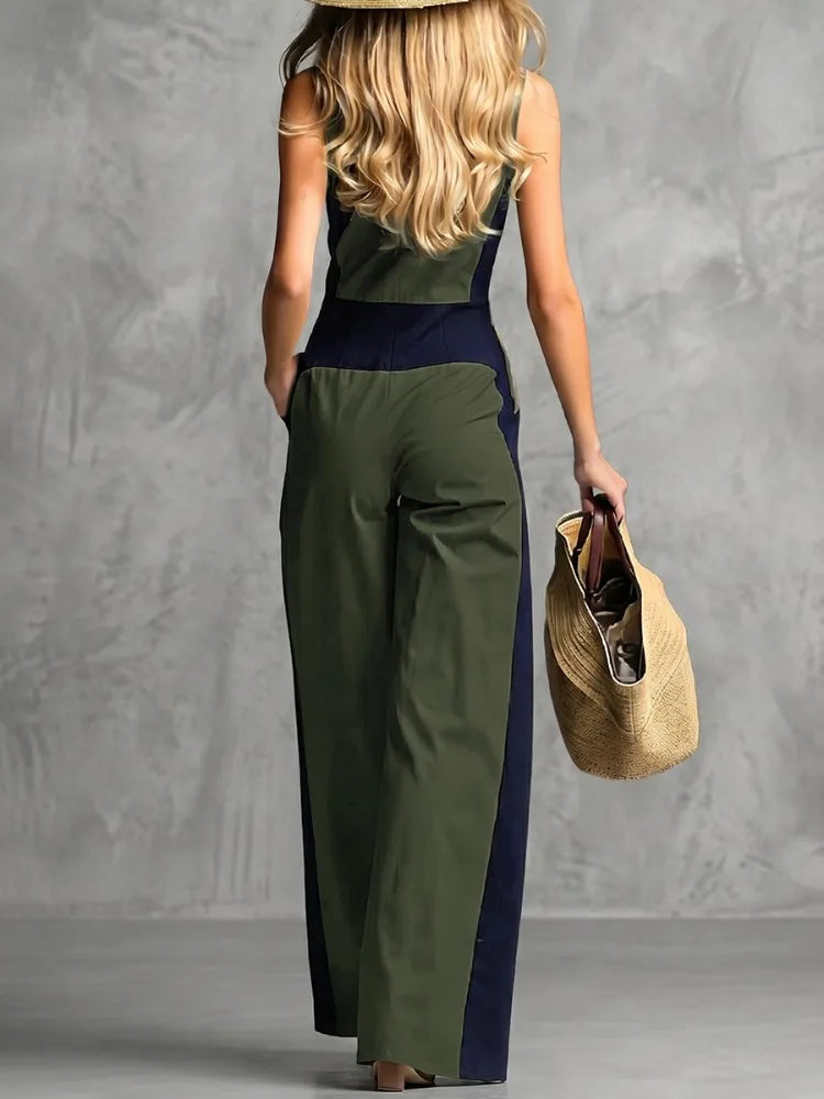 UOOZEE Women's Fashion Contrast Color Pockets Zipper Lapel Jumpsuits 2026 New Summer Sleeveless Wide Leg Casual Office Overalls