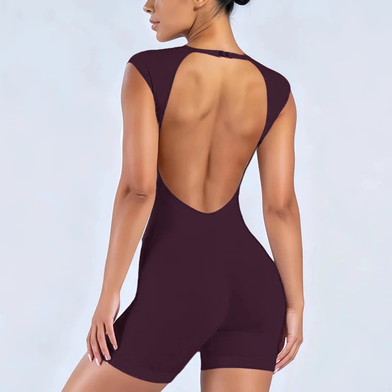 HISTELLO Impact Short Sleeve One Piece Jumpsuit Women Backless Hollow Out Sports GYM Bodycon Slim Fit Sexy Yoga Workout Bodysuit