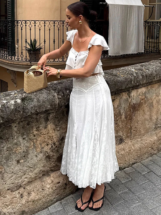 2026 Summer Fashion Square Neck Ruffled Crop Top & Pleated Midi Skirt 2-Piece Set Elegant Boho Resort Vacation Casual Outfits