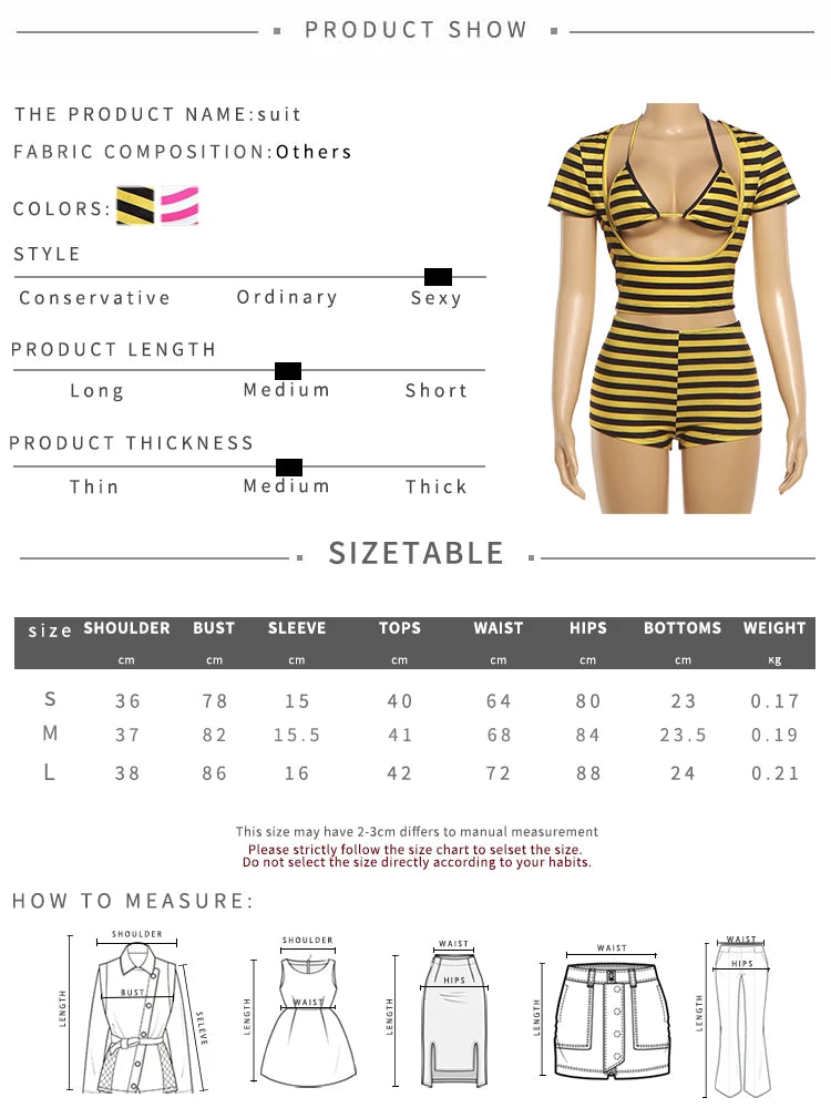Nibber Bikini Suit Woman Stripe Patchwork Lace-Up Halter Bra Tops+Low-Neck Short Sleeve T-Shirt+Mini Shorts Sexy 3 Piece Set
