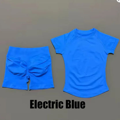2-piece set DF L0G0 seamless sports and fitness suit short sleeves, impact yoga fitness running shorts sports set