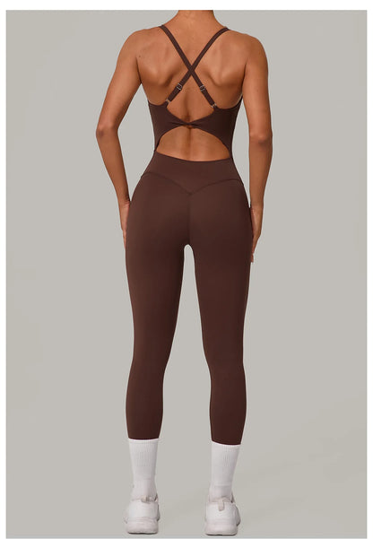 New Nylon Pad V-Neck Wrap Yoga Bodysuit - Adjustable Hook Tummy Control Butt Lift Workout Jumpsuit