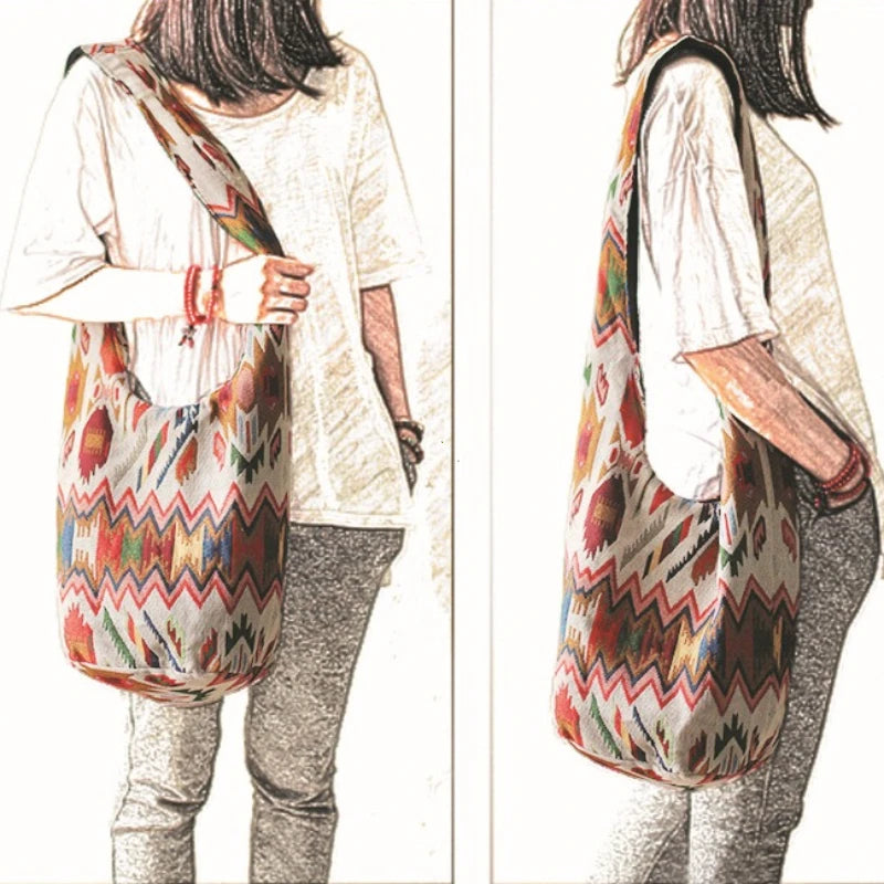 Bohemian Boho Crossbody Bag Women's Bucket Shoulder Bags Ladies Ethnic Canvas Casual Shopping Travel Messenger Bag Hippie Tote