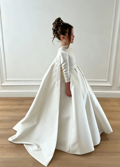 Luxurious White Sequin Beauty Pageant Dress With High Neck Long Sleeves A-line Tail Flower Girl Dress Toddler Princess Wedding