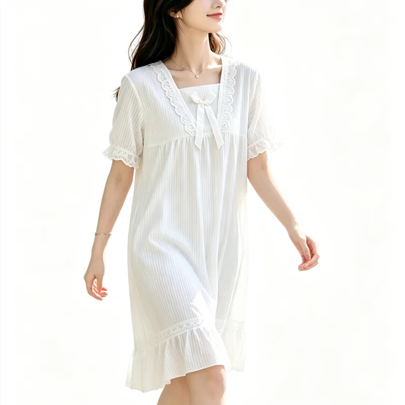 Summer Pajamas Dresses Sleepwear Sweet Korean Style Night Dress Women Nightgown Short Sleeve Lingerie Lace Patchwork Nightie