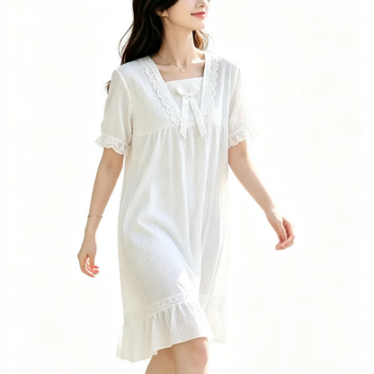 Summer Pajamas Dresses Sleepwear Sweet Korean Style Night Dress Women Nightgown Short Sleeve Lingerie Lace Patchwork Nightie