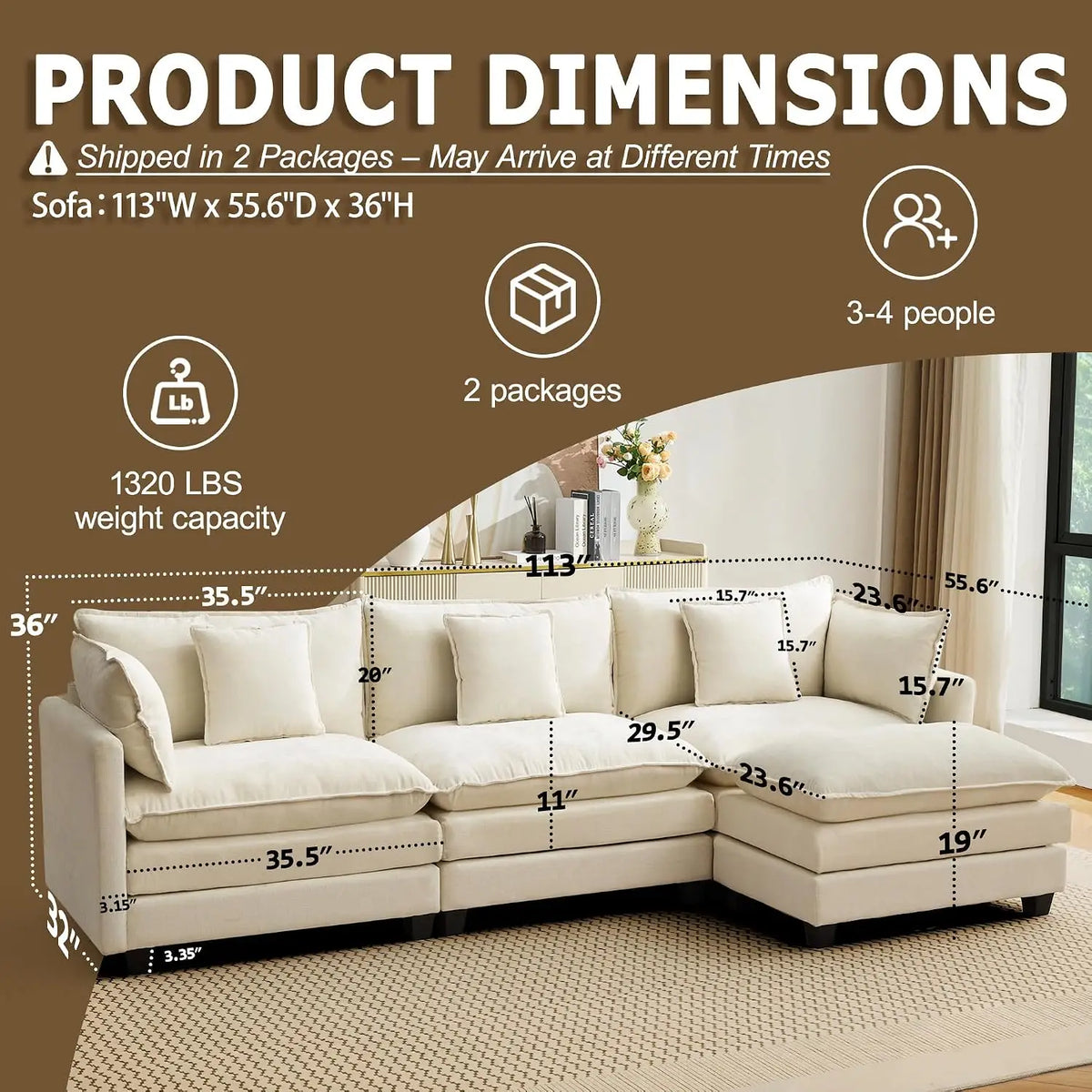 113" Modular Sectional Sofa, L Shaped Cloud Couch with Ottoman, Custom