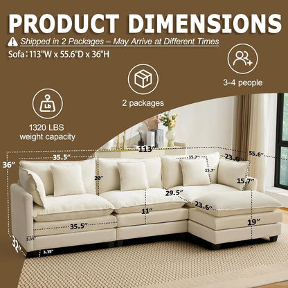 113" Modular Sectional Sofa, L Shaped Cloud Couch with Ottoman, Custom