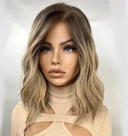 12" Short Bob Lace Front Wigs Honey Blonde Highlight Caramel Brown Synthetic Wig Bouncy Waves Brown Roots Hair-loss Cosplay Wig