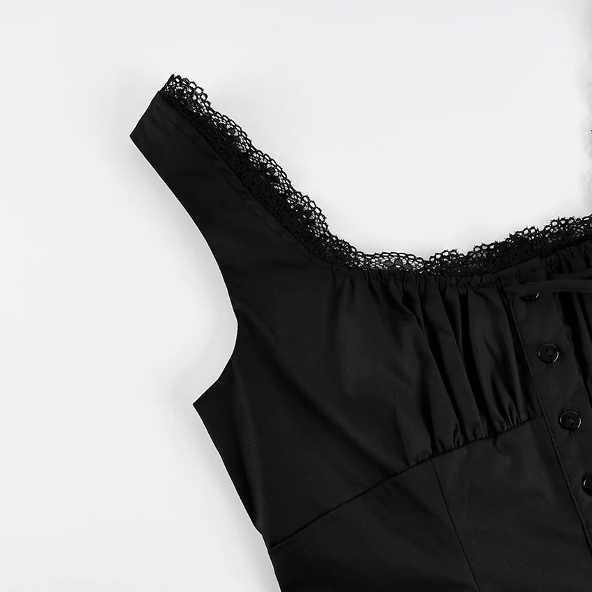 Linad Vintage Lace Square Collar Tank Top For Woman 2026 Street Chic Black Single Breasted Camisole Fashion Cotton Tops Spring
