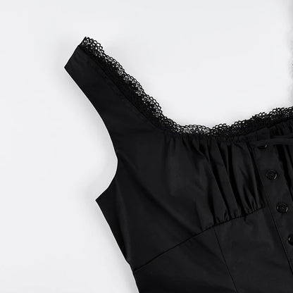 Linad Vintage Lace Square Collar Tank Top For Woman 2026 Street Chic Black Single Breasted Camisole Fashion Cotton Tops Spring