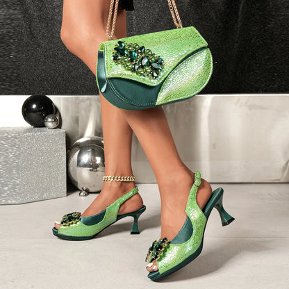 Elegant Orange Color 2025 Rhinestone High-Heels Shoes & Handbag Set – Luxury Wedding & Party Accessories