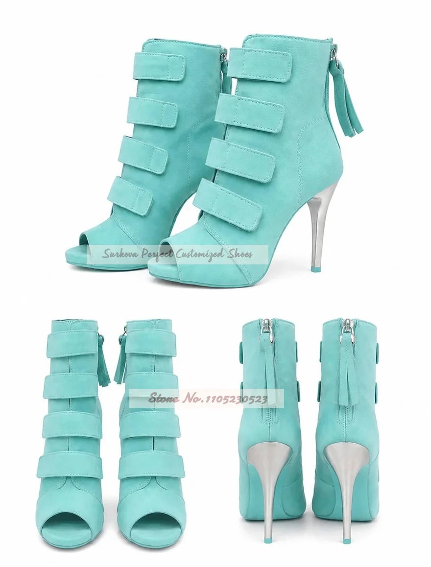 Turquoise Suede Silver Stiletto Heel Ankle Boots Open Toe Band Decor Sandal Booties Elegant Back Zipper Dress Shoes