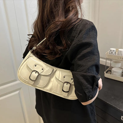 Fashion Pu Leather Women's Shoulder Bag Small Double Pocket Design Ladies Underarm Bags Y2k Vintage Female Handbags Clutch Purse
