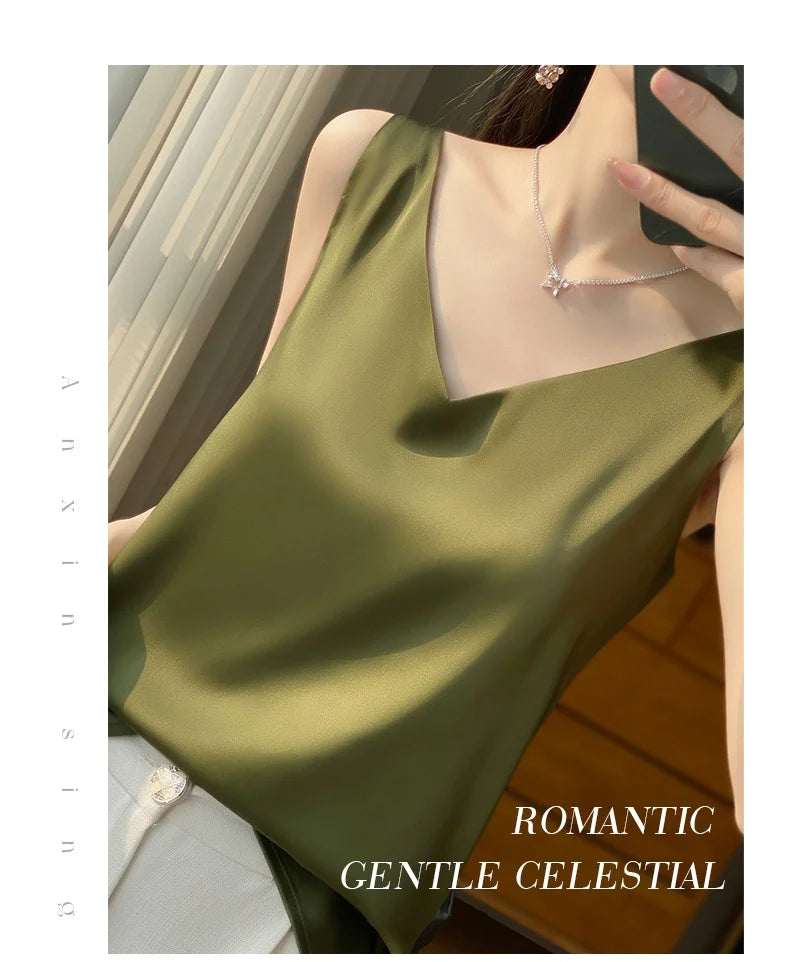 New Lce Silk Satin Camisole Women's Spring/Summer Solid Color Sleeveless Sexy Comfortable Silk Underwear Vest RW-D09