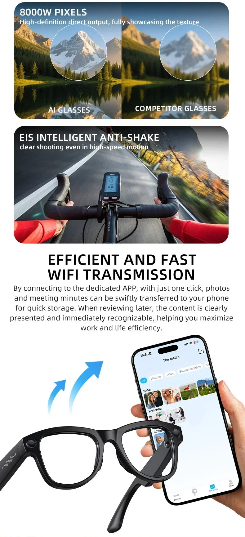 Smart Glasses with Camera 8MP HD Photo Video Recording EIS Anti Shake 1400mAh Charging Case WiFi Sync Transfer for Men Women