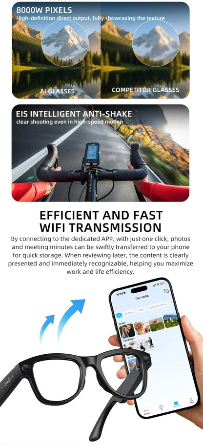 Smart Glasses with Camera 8MP HD Photo Video Recording EIS Anti Shake 1400mAh Charging Case WiFi Sync Transfer for Men Women