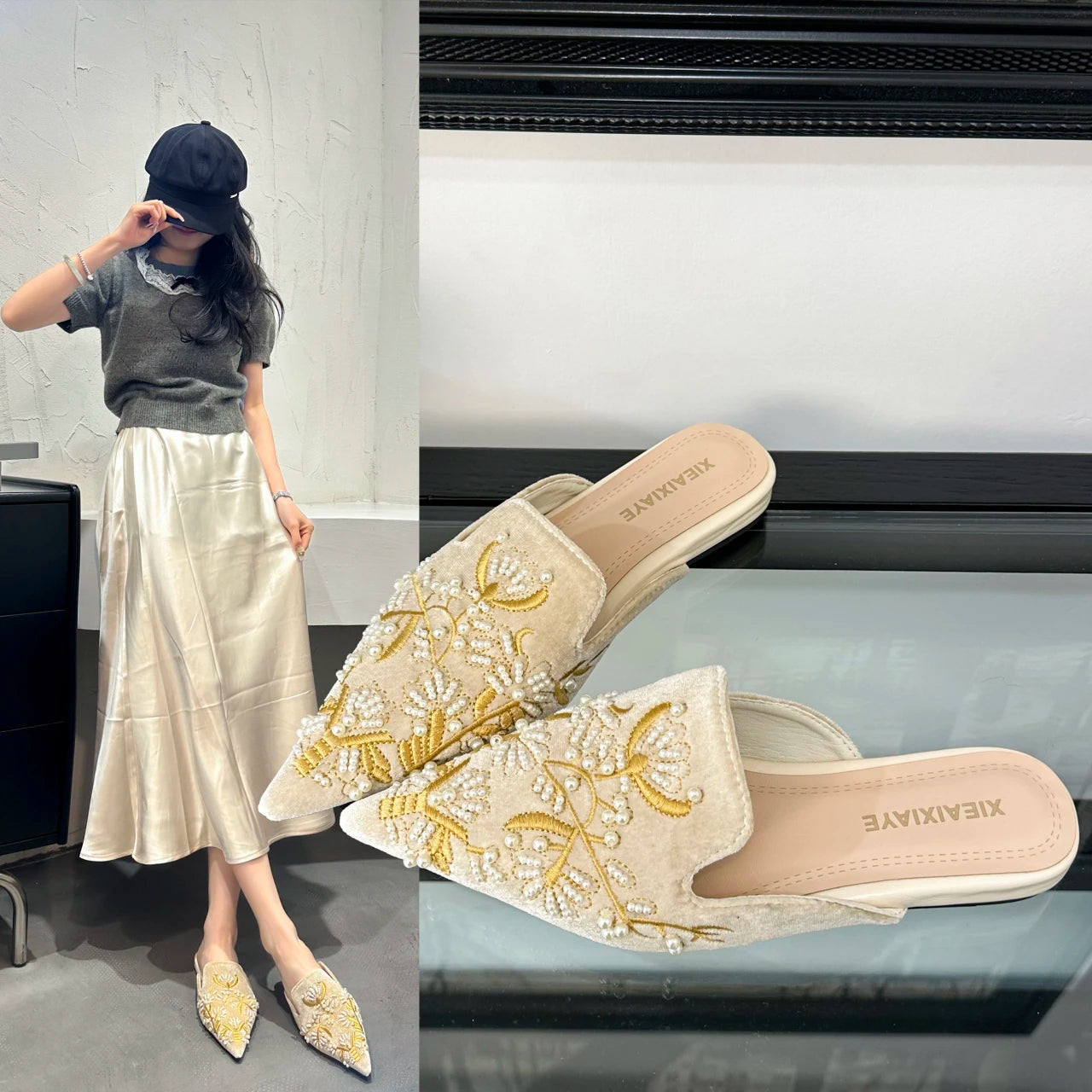 Embroidery Women Mules Slippers Luxury Elegant Pointed Toe Slides Shoes Ladies Sandalias Pointed Bead Embroidery Roman Style