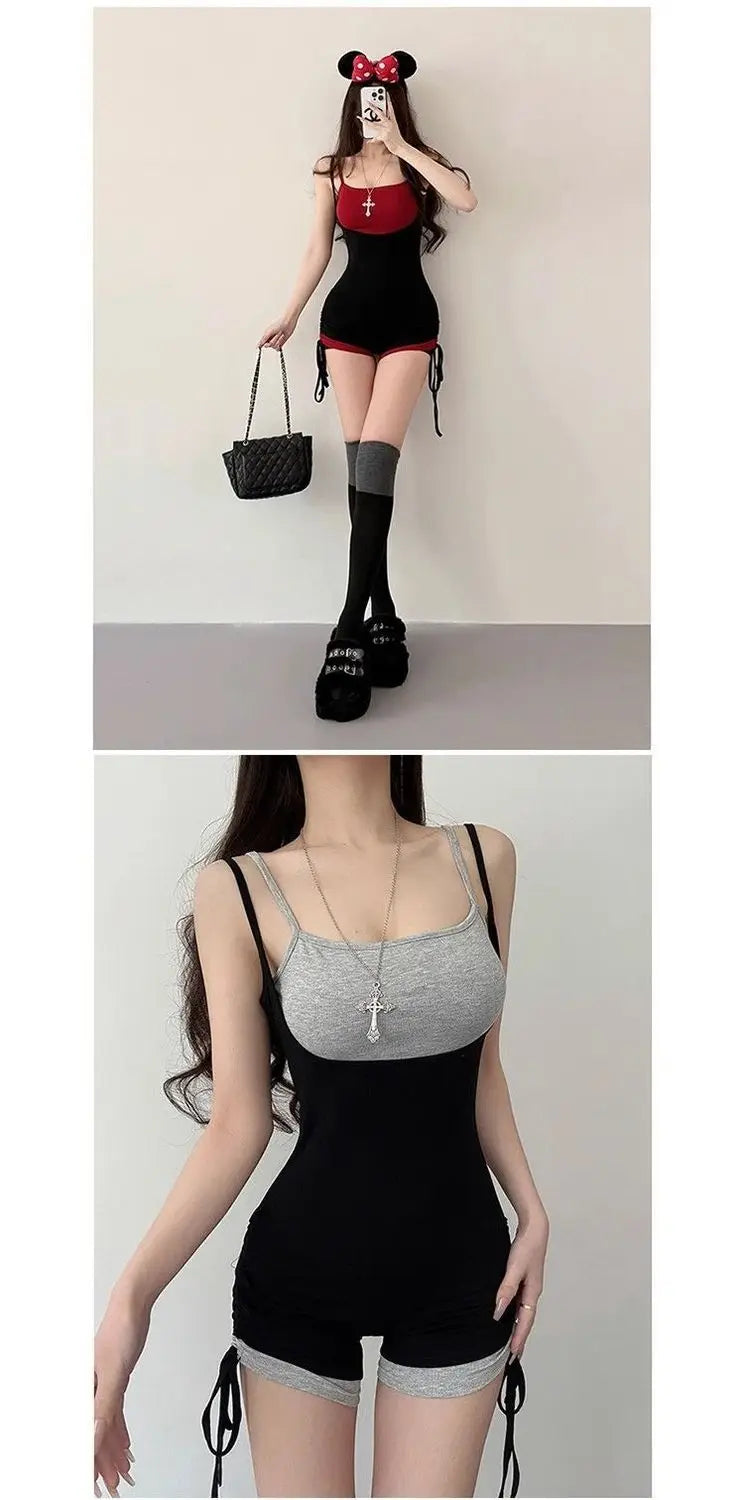 American Style Street Hot Girl Sexy Suspender Jumpsuit Shorts Color Blocked Fake Two-piece Design Sense Fitness Yoga Jumpsuit