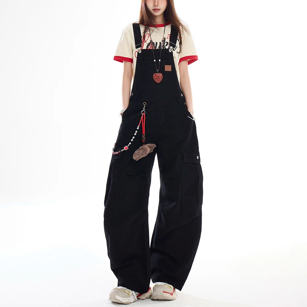 Women's Big Pocket Cargo Overalls Street Jumpsuits Straight Unisex Trousers Wide Leg Sweatpants High Waist Casual Baggy Pants