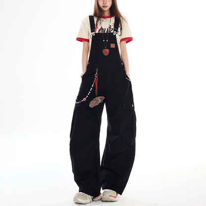 Women's Big Pocket Cargo Overalls Street Jumpsuits Straight Unisex Trousers Wide Leg Sweatpants High Waist Casual Baggy Pants