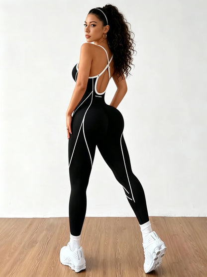 Women Contrast Piping Yoga Jumpsuit Thin Strap Open Back One Piece Workout Bodysuit High Elastic Slim Fitness Gym Sports Rompers