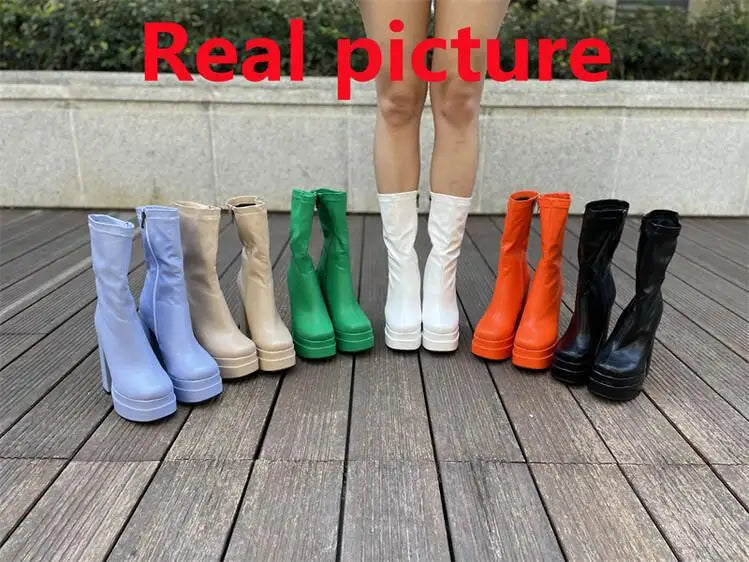 Foreign Trade Women's Shoes Fashion Super High Heels Platform Short Boots New Chunky Heel Mid-calf Boots Casual Ankle Boots CD
