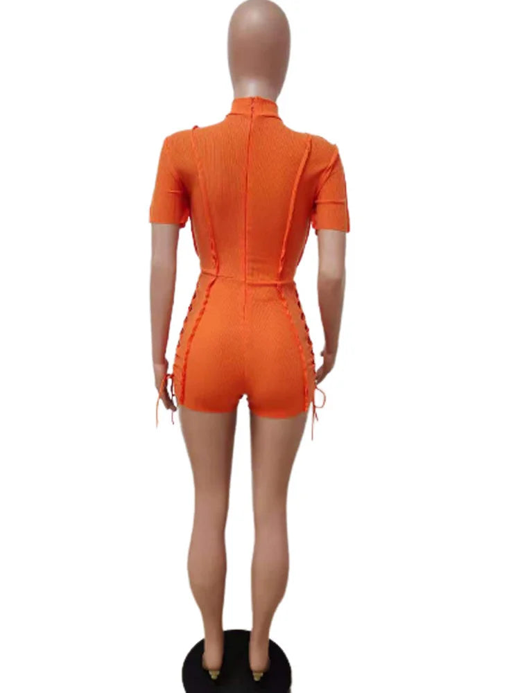 Wholesale Streetwear Jumpsuit Women 2023 One-pieces Outfits Rompers Summer Green Short Sleeve Bodycon Casual Bandage Playsuits