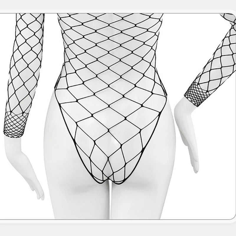 High Neck Fishnet Hollow Bodysuits For Women Sexy Long Sleeve Crotchless Jumpsuits Erotic Outfits Mesh See Through Teddy Rompers