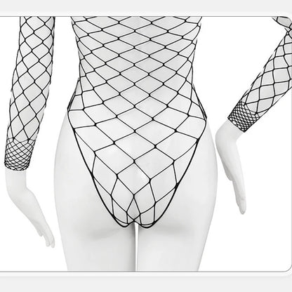 High Neck Fishnet Hollow Bodysuits For Women Sexy Long Sleeve Crotchless Jumpsuits Erotic Outfits Mesh See Through Teddy Rompers