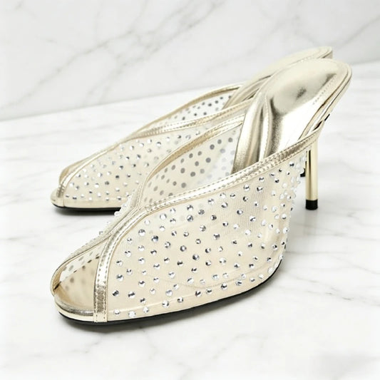 Luxury Rhinestone Detail Mules Sandals Women Sexy Peep Toe High Heel Slippers for Ladies Elegant Banquet Shoes Summer Mesh Shoes