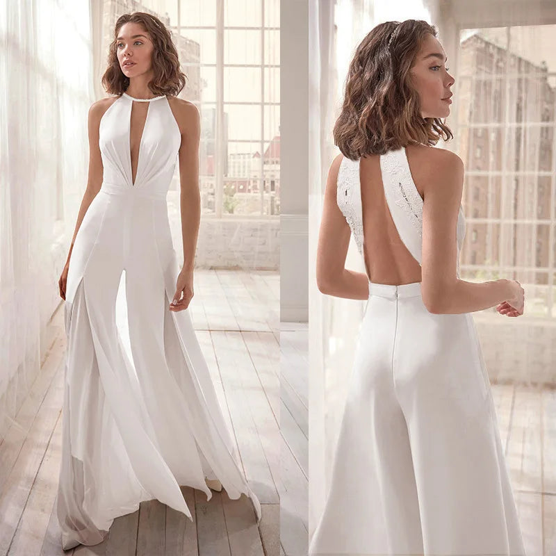 White/Black Halter Neck Backless Jumpsuits For Women Elegant Lace Trim Wide Leg Jumpsuit Wedding Bridesmaid Evening Party Prom