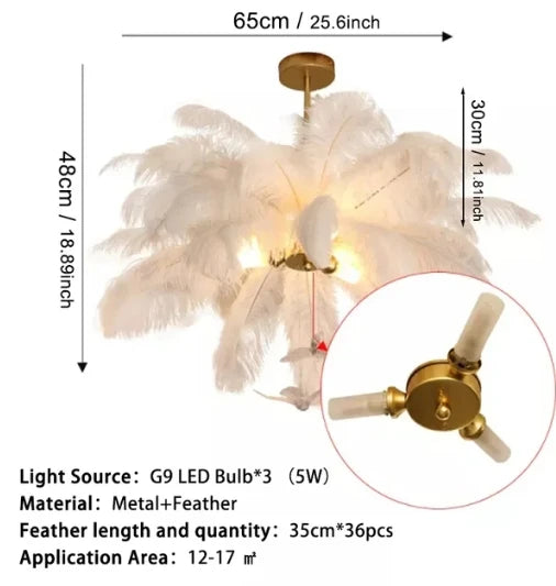 Nordic White Ostrich Feather Pendant Light Modern Led Chandelier Lights for Living Dining Room Children's Decor Hanghing Lamp