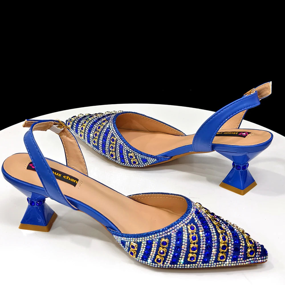 2025 Shiny Italian Fashion Pointed Toe Women Heel Fashion Rhinestone Decoration Fuchsia Color Shoes And Bag Set