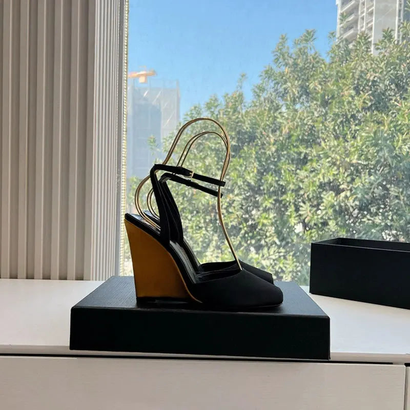 Ankle Strap Patent Leather Peep Toe Summer Women Sandals Wedges High Heel Buckle Strap Design Large Size Fashion Show Shoes