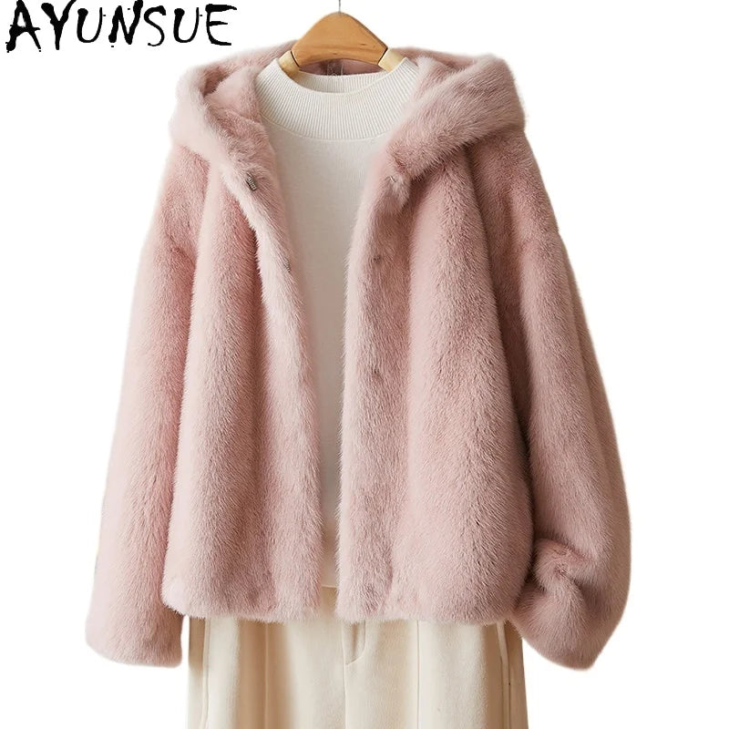 AYUSNUE Luxury Natural Fur Coat Women Clothes Whole Female Mink Fur Coat Warm New in Coats Hoodie Winter Jacket Шуба Женская