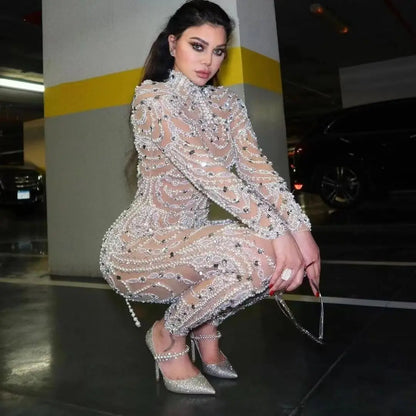 Women Jumpsuits 2026 new European slim solid color see-through sequined sexy long jumpsuit women's clothing vestidoes