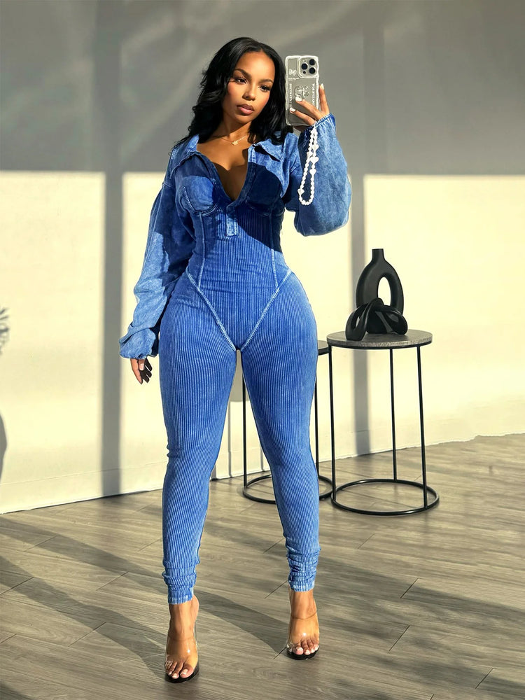 CM.YAYA Fashion Women Knit Ribbed Long Sleeve Moto Biker Jumpsuits 2024 Autumn Washed Street Playsuit One Piece Suit Romper