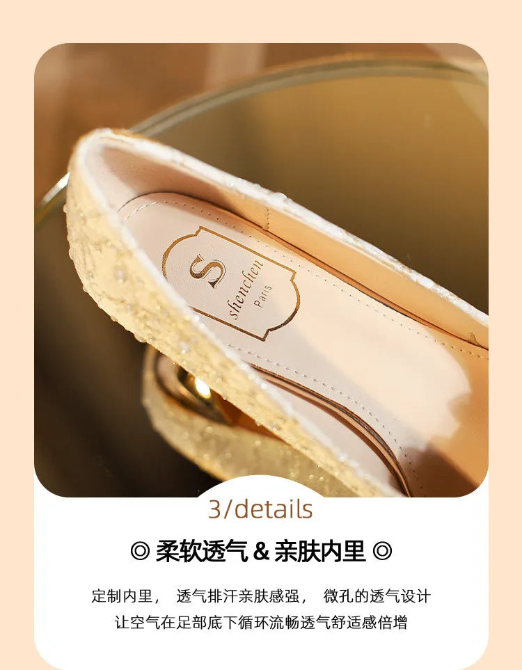 New Designer Low Heel Wedding Shoes Luxury Pearl Water Diamond Decoration Banquet Women's Shoes High Heel Women's Singles Shoes